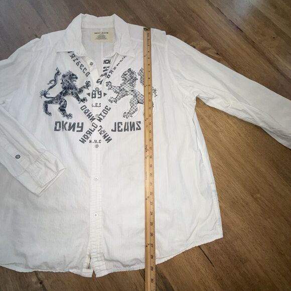 Vtg DKNY Jeans 90s Y2K Graphic Button Up Shirt XL White Lion Crest Lions Mens - Picture 4 of 11